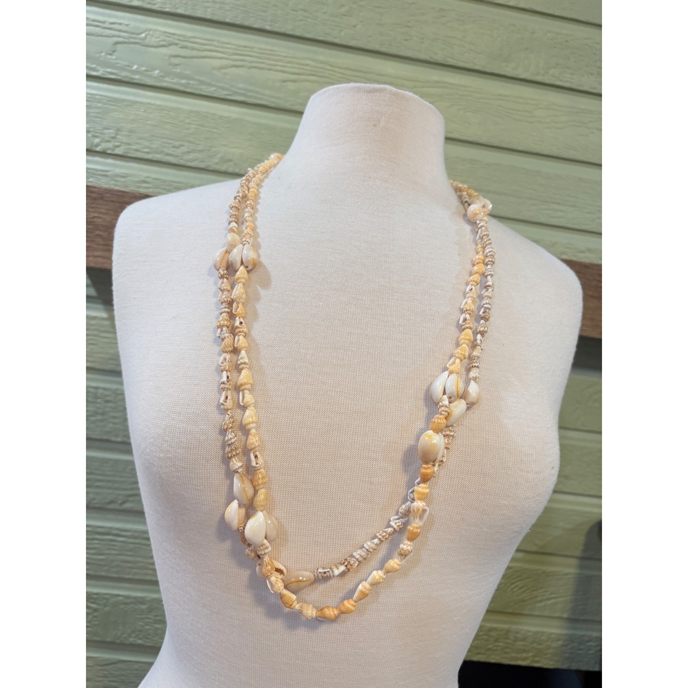 Cowrie Sea Shell Necklace Set 34 Inch‎ Beach Boho Two Strands Cream Brown Tones